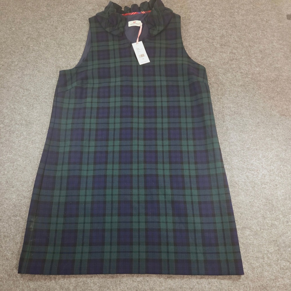 Vineyard Vines Meredith Dress Womens 14 NWT Blackwatch Tartan Plaid Ruffle Neck